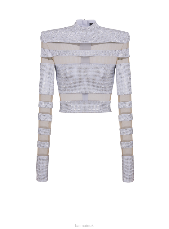 Clothing D0022249 Silver Balmain Women Striped Rhinestone Crop Top