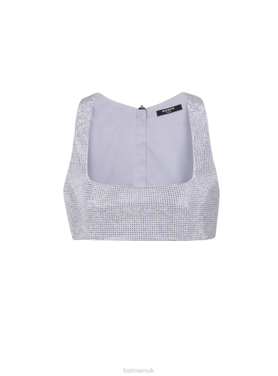Clothing D0022250 Silver Balmain Women Rhinestone Crop Top
