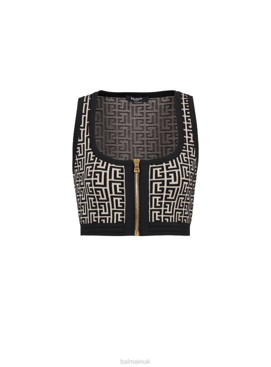 Clothing D0022260 Black Balmain Women Cropped Bicolor Knit Sports Bra Top With Brand Monogram