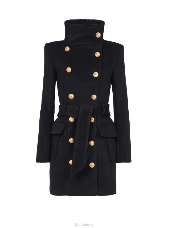 Clothing D0022134 Black Balmain Women Long Wool Coat With Double-Breasted Gold-Tone Buttoned Fastening