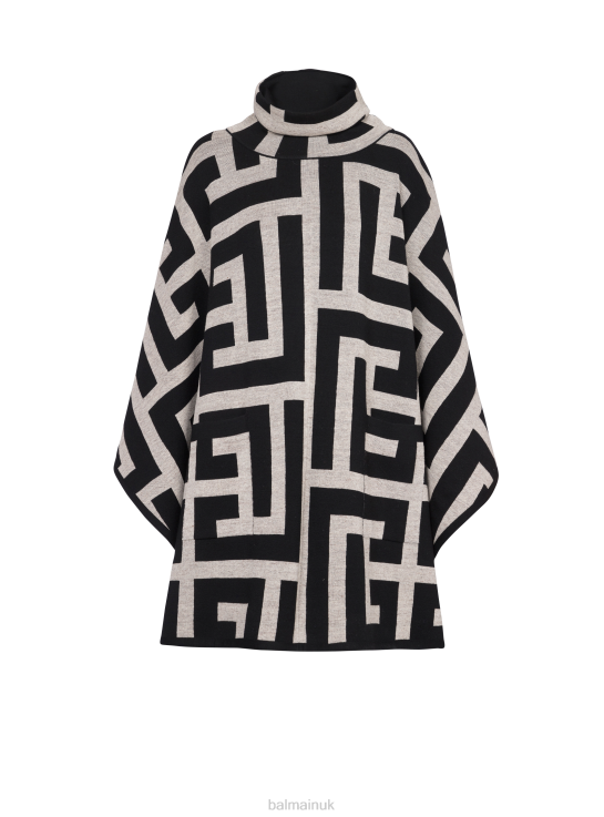 Clothing D0022135 Black Balmain Women Knit Poncho With Maxi Brand Monogram Print