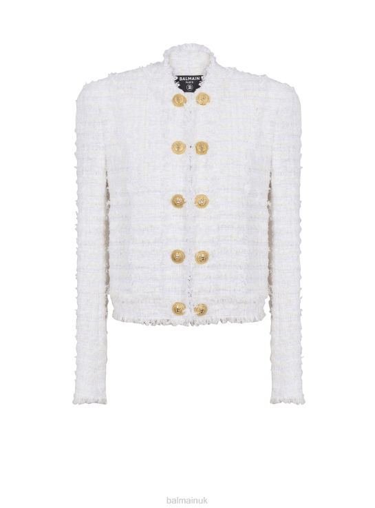 Clothing D0022104 White Balmain Women Fringed Tweed Jacket