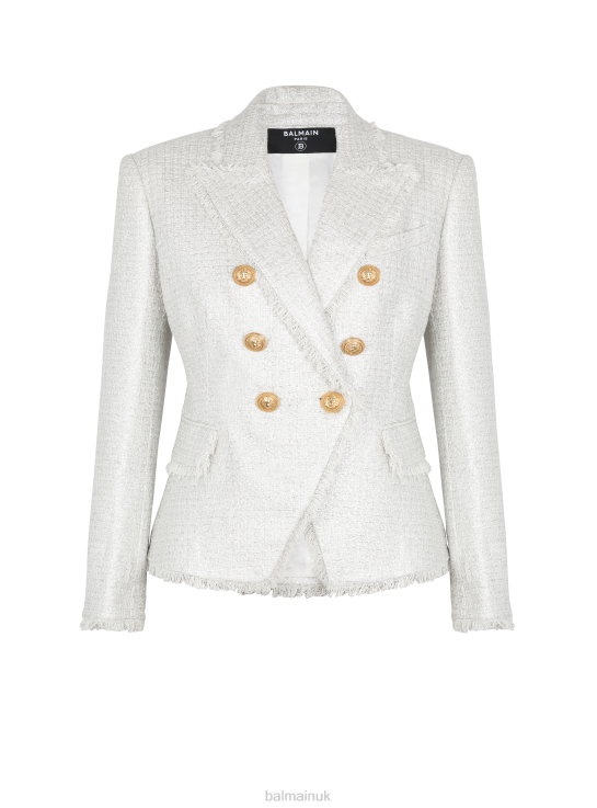 Clothing D0022107 Silver Balmain Women Double-Breasted Tweed Jacket