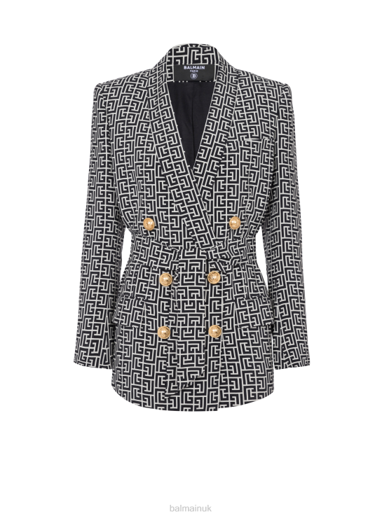 Clothing D0022113 Black Balmain Women Monogram Printed Jacket With Shawl Collar