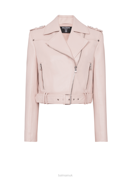 Clothing D0022131 Pink Balmain Women Cropped Leather Biker Jacket