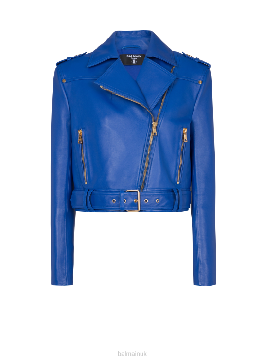 Clothing D0022132 Blue Balmain Women Short Leather Biker Jacket