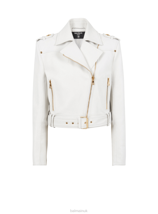 Clothing D0022146 White Balmain Women Cropped Leather Biker Jacket