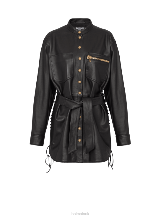 Clothing D0022215 Black Balmain Women Leather Overshirt With Lace-Up Details