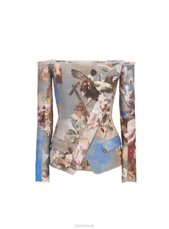 Clothing D002285 Multicolor Balmain Women Sky Printed Off-The-Shoulder Canvas Jacket