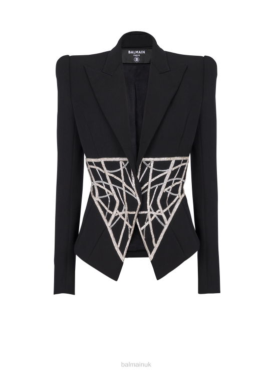 Clothing D002291 Black Balmain Women Embroidered Slim-Fit Grain De Poudre Jacket