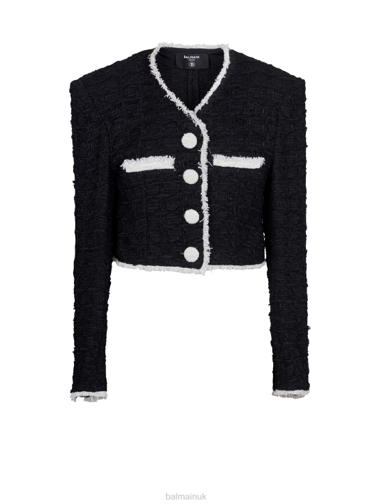 Clothing D002294 Black Balmain Women Short Tweed Jacket With Contrasting Details