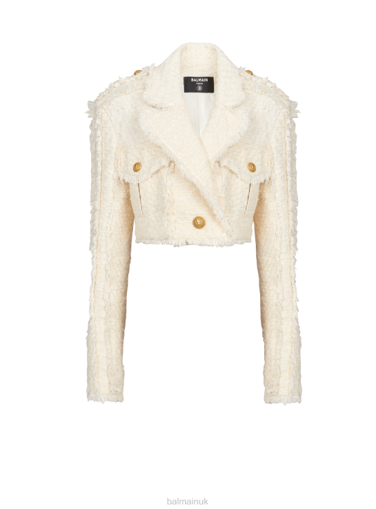 Clothing D002298 White Balmain Women Short Fringed Tweed Jacket
