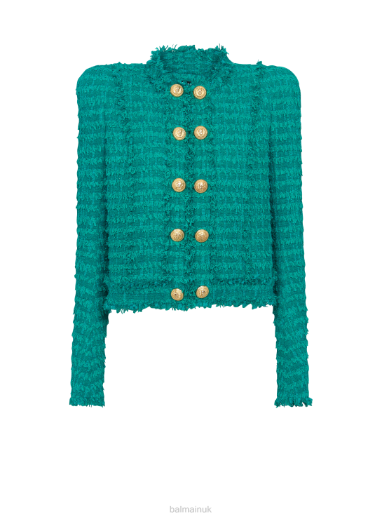 Clothing D002299 Blue Balmain Women Fringed Tweed Jacket