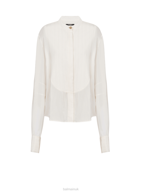 Clothing D0022256 White Balmain Women Pleated Crepe Tuxedo Shirt