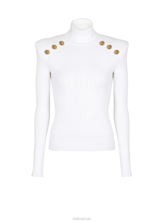 Clothing D0022292 White Balmain Women Knit Sweater With Gold-Tone Buttons