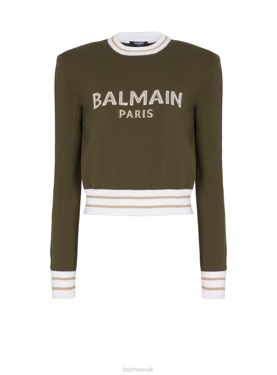 Clothing D0022307 Khaki Balmain Women Cropped Wool Jumper With Brand Logo