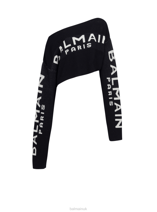Clothing D0022334 Black Balmain Women Cropped Knit Sweater With Graffiti Brand Logo Print