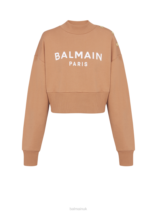 Clothing D0022262 Brown Balmain Women Cropped Buttoned Brand Logo Print Sweatshirt