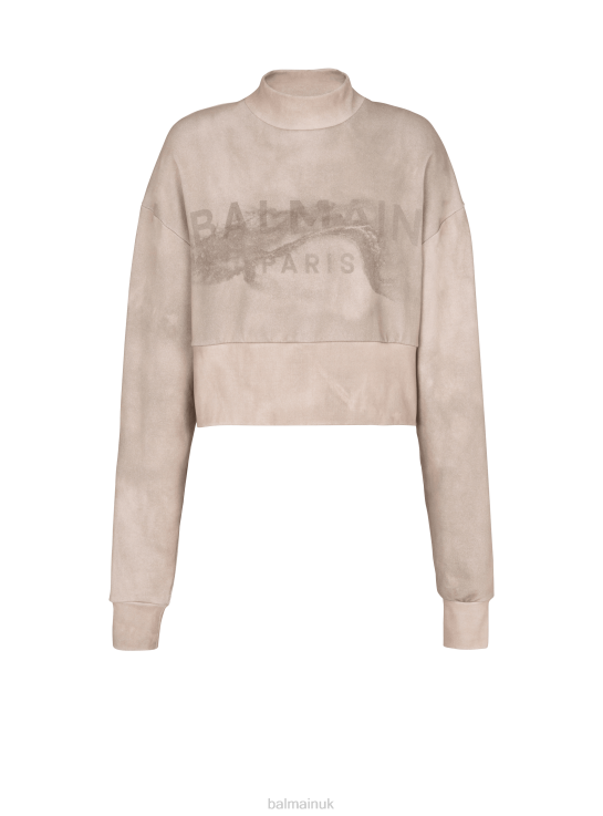 Clothing D0022263 Beige Balmain Women Eco-Responsible Cotton Cropped Sweatshirt With Brand Logo Print