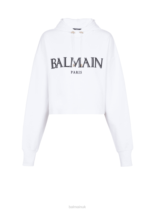 Clothing D0022264 White Balmain Women Cropped Hoodie With Rubber Roman Brand Logo