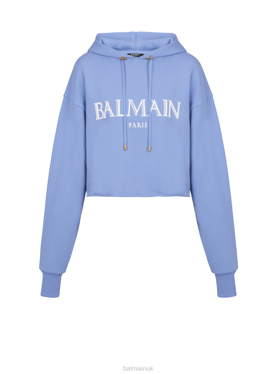 Clothing D0022265 Blue Balmain Women Cropped Hoodie With Rubber Roman Brand Logo