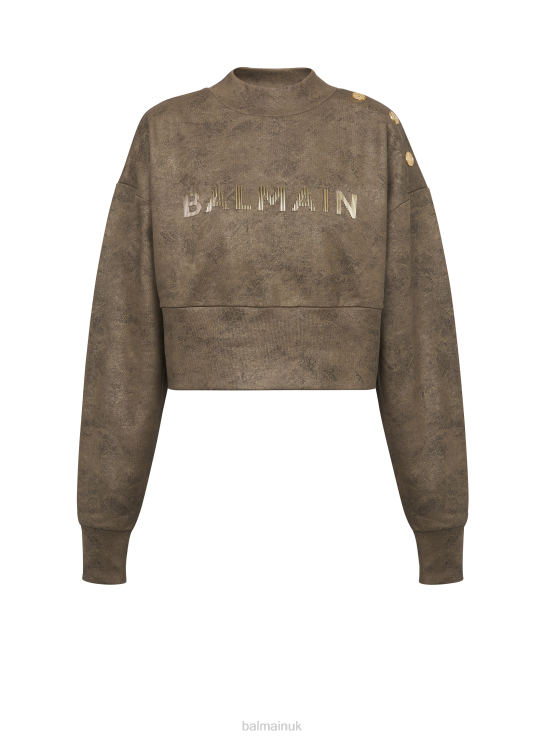 Clothing D0022267 Khaki Balmain Women Eco-Responsible Cotton Cropped Sweatshirt With Metallic Brand Logo