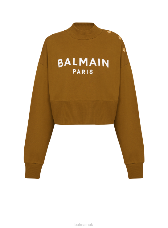Clothing D0022268 Khaki Balmain Women Eco-Responsible Cotton Cropped Sweatshirt With Brand Logo Print