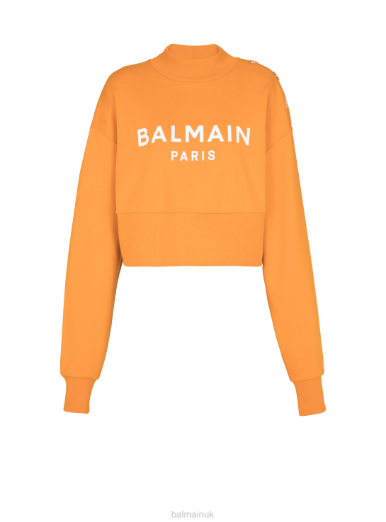 Clothing D0022269 Orange Balmain Women Eco-Responsible Cotton Cropped Sweatshirt With Brand Logo Print