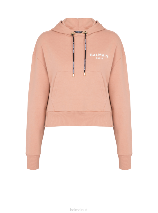 Clothing D0022270 Pink Balmain Women Cropped Cotton Sweatshirt With Flocked Brand Logo