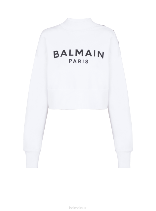 Clothing D0022273 White Balmain Women Eco-Responsible Cotton Cropped Sweatshirt With Brand Logo Print