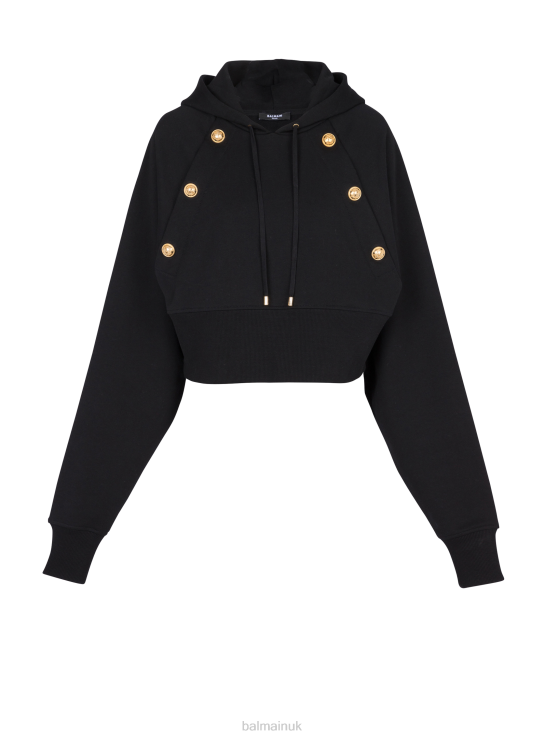 Clothing D0022274 Black Balmain Women Eco-Responsible Cropped Cotton Sweatshirt With Gold Buttons