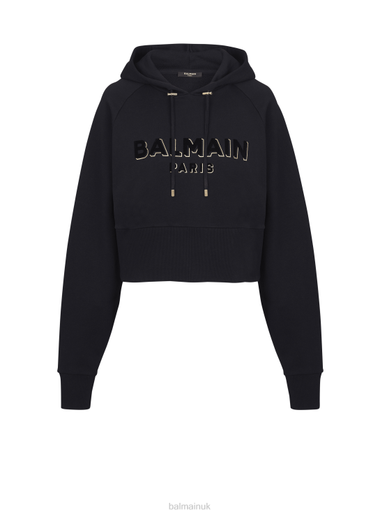 Clothing D0022276 Black Balmain Women Cropped Cotton Sweatshirt With Flocked Metallic Brand Logo