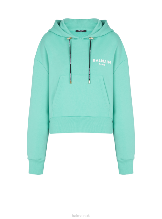 Clothing D0022281 Blue Balmain Women Cropped Cotton Sweatshirt With Flocked Brand Logo