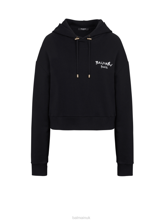 Clothing D0022284 Black Balmain Women Cropped Eco-Design Cotton Sweatshirt With Flocked Graffiti Brand Logo