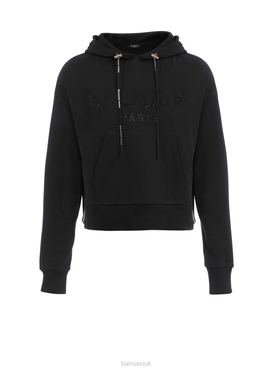 Clothing D0022286 Black Balmain Women Cropped Eco-Designed Cotton Sweatshirt With Rhinestone Brand Logo
