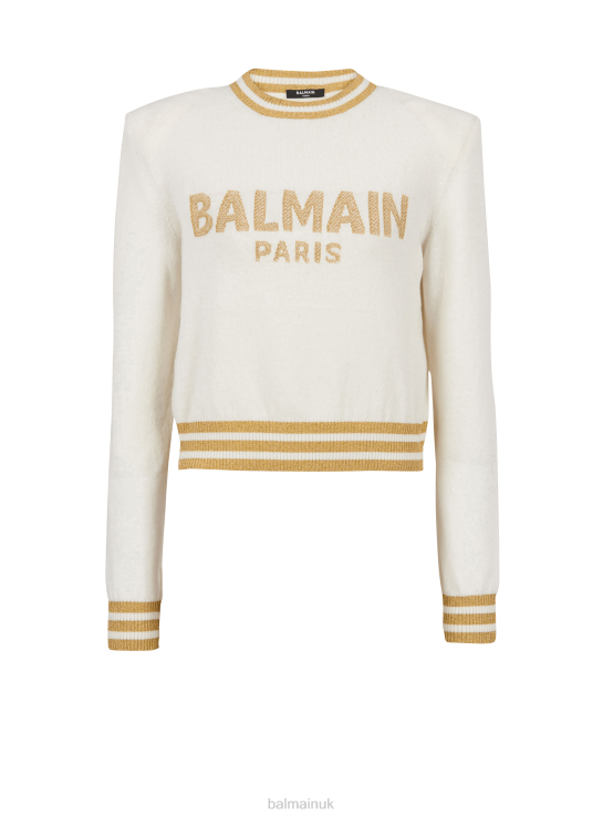 Clothing D0022320 Beige Balmain Women Cropped Wool Sweatshirt With Gold Brand Logo