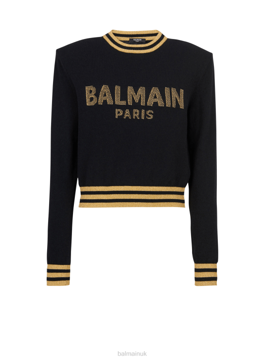 Clothing D0022326 Black Balmain Women Cropped Wool Sweatshirt With Gold Brand Logo