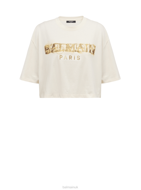 Clothing D0022149 Beige Balmain Women Cropped Metallic Brand Print T-Shirt