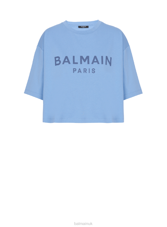 Clothing D0022151 Blue Balmain Women Cropped Printed Brand Logo T-Shirt