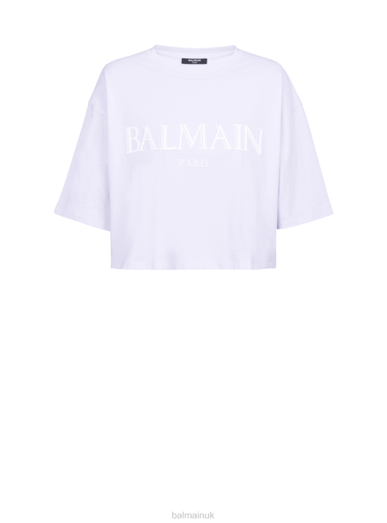 Clothing D0022152 Purple Balmain Women Cropped T-Shirt With Rubber Roman Brand Logo