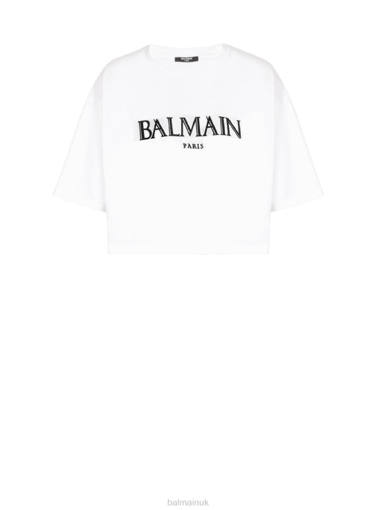 Clothing D0022153 White Balmain Women Cropped T-Shirt With Rubber Roman Brand Logo