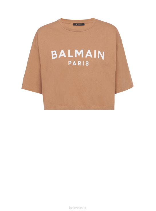 Clothing D0022155 Brown Balmain Women Cropped Printed Brand Logo T-Shirt