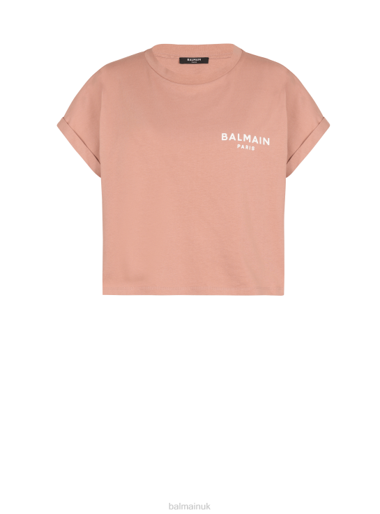 Clothing D0022157 Pink Balmain Women Eco-Responsible Cropped Cotton T-Shirt With Brand Logo Print