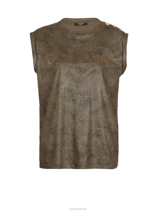 Clothing D0022160 Khaki Balmain Women Eco-Responsible Cotton T-Shirt With Brand Logo Print