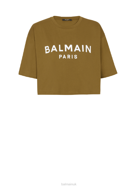 Clothing D0022161 Khaki Balmain Women Eco-Responsible Cropped Cotton T-Shirt With Brand Logo Print