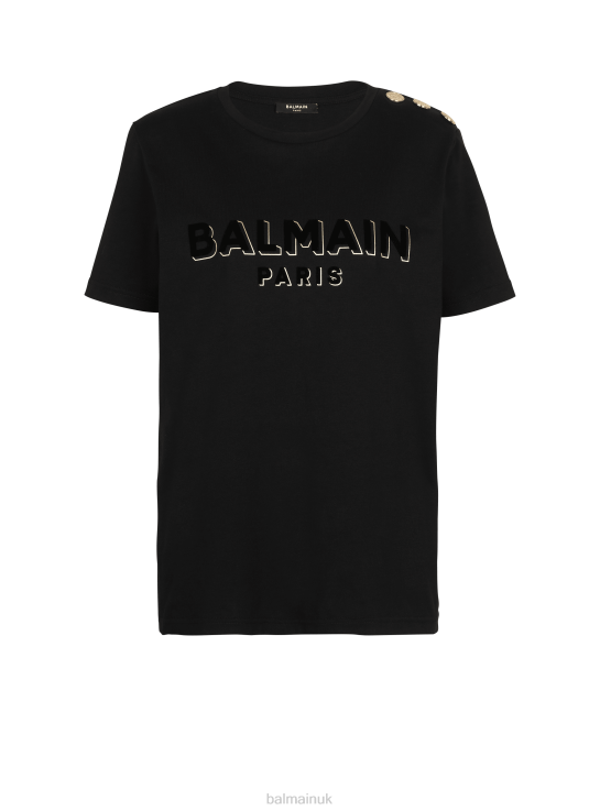 Clothing D0022162 Black Balmain Women Cotton T-Shirt With Flocked Metallic Brand Logo