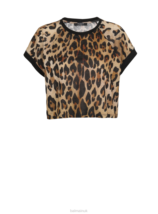 Clothing D0022163 Brown Balmain Women Cropped Linen T-Shirt With Leopard Print