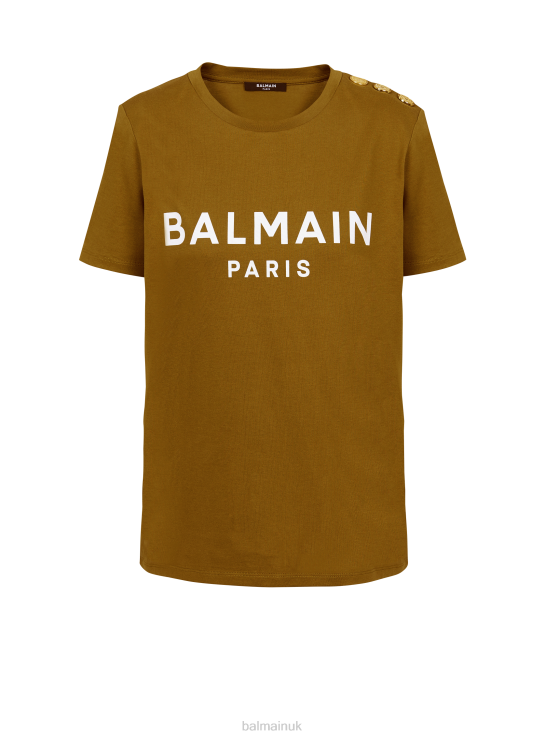 Clothing D0022164 Khaki Balmain Women Eco-Responsible Cotton T-Shirt With Brand Logo Print