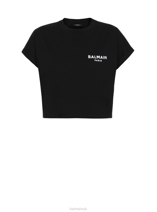 Clothing D0022166 Black Balmain Women Cropped Eco-Designed Cotton T-Shirt With Small Flocked Brand Logo