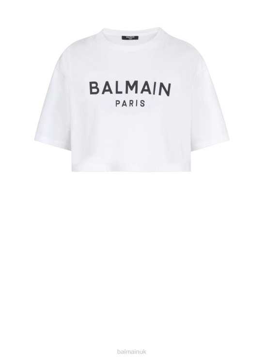 Clothing D0022169 White Balmain Women Eco-Responsible Cropped Cotton T-Shirt With Brand Logo Print